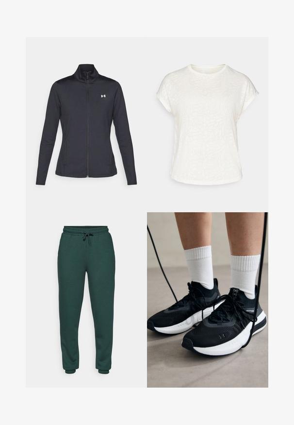 Zwarte sportjack gemaakt van glad, rekbaar materiaal met een hoge kraag en een volledige ritssluiting, met een klein wit logo op de bovenste linkerkant.; Witte t-shirt met korte mouwen, voorzien van een textuur met bloemenpatroon, ronde halslijn en een ontspannen pasvorm. Gemaakt van zachte, lichte stof.; Groene sweatpants van zacht, textuurstof. Voorzien van een elastische tailleband met een trekkoord, taps toelopende benen en aansluitende manchetten bij de enkels.; Zwarte sportschoenen van gestructureerde stof, met een witte zool en zwarte veters. Draag ze met witte geribde sokken, staand op een lichte ondergrond.