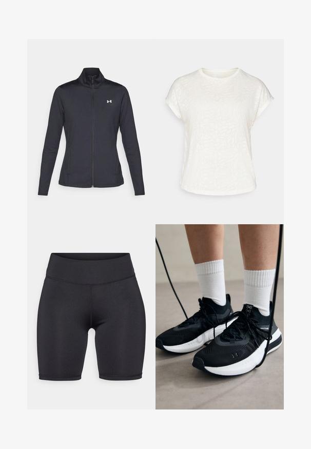 Čierna športová bunda vyrobená z hladkého, elastického materiálu s vysokým golierom a plným zipsom, s malým bielym logom na hornej ľavej strane.; Biele tričko s krátkym rukávom s textúrovaným kvetinovým vzorom, okrúhlym výstrihom a voľným strihom. Vyrobené z mäkkej, ľahkej tkaniny.; ONLY Play ONPJAM JIMBO TRAIN SHORTS - Legíny - black; Čierne športové topánky s textúrovanou tkaninou, bielou podrážkou a čiernymi šnúrkami. Nosené s bielymi rebrovanými ponožkami, postavené na svetlom povrchu.