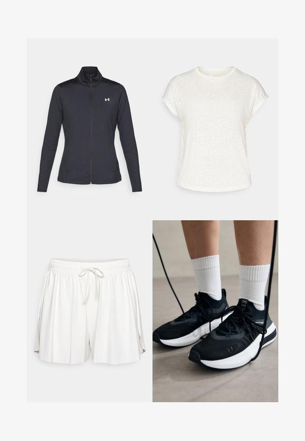 Jachetă sport neagră realizată dintr-un material neted și elastic, cu guler înalt și fermoar complet, având un mic logo alb în colțul din stânga sus.; Tricou scurt cu mânecă albă, cu un model floral texturat, guler rotund și croială lejeră. Fabricat dintr-un material moale și ușor.; Shorts din bumbac alb cu talie elastică, închidere cu șnur și slituri laterale pentru libertatea de mișcare. Textură netedă și croială lejeră.; Căști atletice negre cu țesătură texturată, talpă albă și șireturi negre. Purtați cu șosete albe cu riflaje, stând pe o suprafață deschisă.