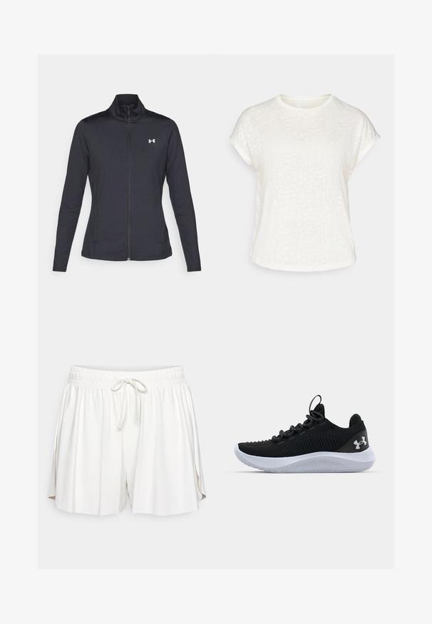 Fekete sportos dzseki sima, rugalmas anyagból, magas gallérral és teljes cipzárral, az elülső bal oldalon egy kis fehér logóval.; Fehér, rövid ujjú póló, texturált virágmintával, kerek nyakkivágással és laza szabású dizájnnal. Puha, könnyű anyagból készült.; Fehér pamut rövidnadrág elasztikus derékkal, húzózsinórral és oldalsó hasítékokkal a szabad mozgás érdekében. Sima textúra és laza fazon.; Fekete sportcipők légáteresztő hálós felsőrésszel, texturált részletekkel és fehér gumitalppal. Lapos fűzővel és sarokhúzó füllel rendelkezik.