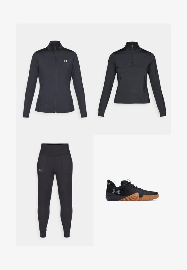 Crna atletska jakna napravljena od glatkog, rastezljivog materijala s visokim kragnom i punim patentnim zatvaračem, s malim bijelim logotipom na gornjoj lijevoj strani.; Crni pulover dugih rukava s visokim patentnim zatvaračem, izrađen od glatkog materijala. Ima uske rukave i skraćeni dizajn.; Crne sportske tajice napravljene od rastezljivog materijala, sa visokim pojasom, bočnim džepovima i uskim manžetama na gležnjevima.; Crne atletske tenisice s teksturiranim materijalom, gumeni đon u smeškastoj boji s uzorcima za prijanjanje i kontrastnim logotipom sa strane.