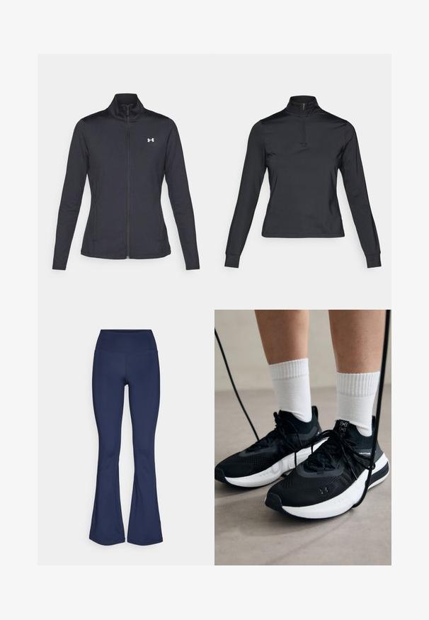 Černá sportovní bunda vyrobená z hladké a elastické textilie, s vysokým límcem a plným zipem, která má malé bílé logo na levé horní části.; Černý dlouhý rukáv pulovr s vysokým zipovým límcem, vyrobený z hladké látky. Zahrnuje přiléhavé rukávy a zkrácený design.; Námořnické modré rozšířené legíny vyrobené z elastické tkaniny s vysokým pasem, hladkým povrchem a bez viditelných vzorů či kovových detailů.; Černé sportovní boty s texturovanou tkaninou, bílou podrážkou a černými tkaničkami. Nosené s bílými žebrovanými ponožkami, stojící na světlém povrchu.
