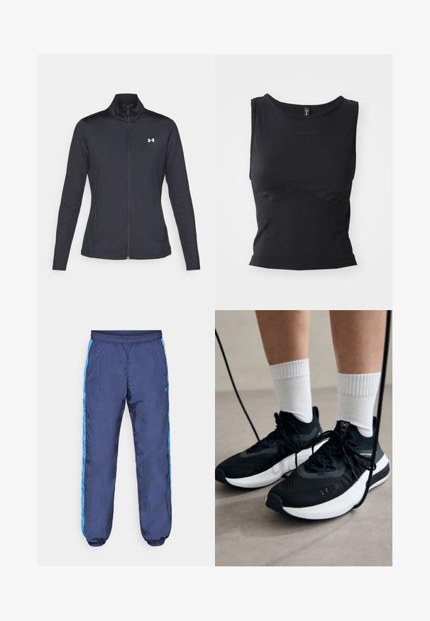 Melnās sporta jakas izgatavotas no gludas, elastīgas auduma ar augstu apkakli un pilnu rāvējslēdzēju, ar nelielu baltu logo augšējā kreisajā pusē.; Melnā bezpiedurkņu sporta tops, izgatavots no gludas auduma, ar apaļu kakla izgriezumu un pieguļošu siluetu, kuru rotā smalks logotipa elements.; Jūras zila treniruškostīmu bikses, izgatavotas no spīdīga, viegla materiāla, ar ziliem sānu svītrām un elastīgām aprocēm pie potītēm un jostasvietas.; Melni sporta apavi ar strukturētu audumu, balta zole un melni šņores. Valkāti ar baltām ribotām zeķēm, stāvot uz gaišas virsmas.