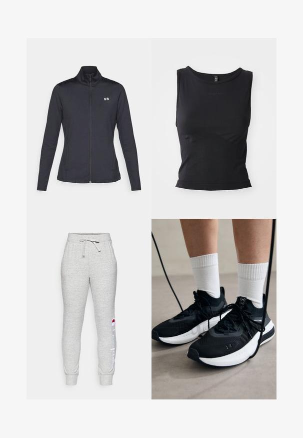 Black athletic jacket made of smooth, stretchy fabric with a high collar and full zipper, featuring a small white logo on the upper left side.; Black sleeveless athletic top made from smooth fabric, featuring a rounded neckline and a fitted silhouette with subtle logo detailing.; Gray cotton blend sweatpants with an elastic waistband, drawstring, and ribbed cuffs. Features a white "Champion" logo on the side.; Black athletic shoes with textured fabric, white sole, and black laces. Worn with white ribbed socks, standing on a light surface.