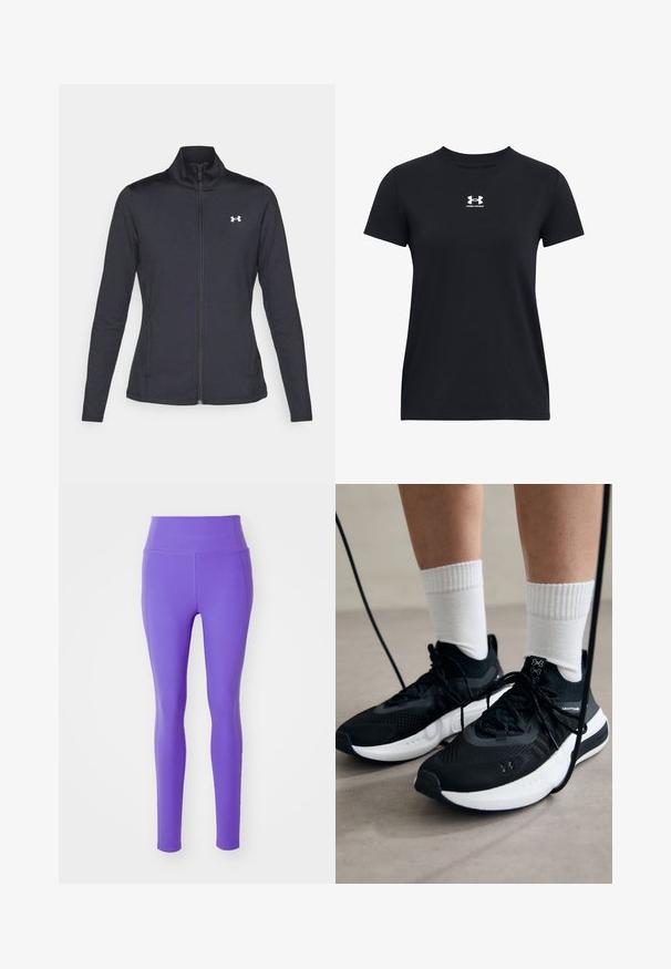 Fekete sportos dzseki sima, rugalmas anyagból, magas gallérral és teljes cipzárral, az elülső bal oldalon egy kis fehér logóval.; Fekete, rövid ujjú pamut póló. Kerek nyakkivágással és egy fehér Under Armour logóval a mellkason. Egyszerű, egyszínű design.; Girlfriend Collective COMPRESSIVE HIGH RISE LEGGING LONG - Leggingek - wild iris; Fekete sportcipők textúrált anyagból, fehér talppal és fekete fűzőkkel. Fehér bordázott zoknikkal viselve, világos felületen állva.