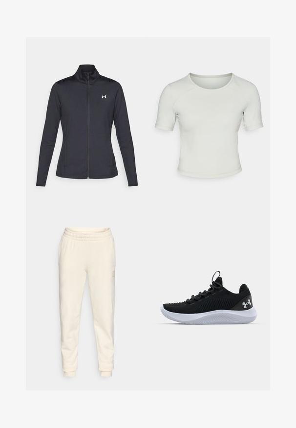 Črna atletska jakna iz gladkega, raztegljivega blaga z visokim ovratnikom in polnim zadrgo, ki ima majhen bel logotip na zgornji levi strani.; Svetlo zelena kratkohlačna prilega majica z okroglim izrezom, gladko teksturo in diskretnim logotipom na sprednji levi strani.; Kremne hlače za tek, izdelane iz mehke tkanine, z elastičnim pasom, zoženim krojem in majhnim logotipom ob strani.; Črne športne copate z zračnim mrežastim zgornjim delom, strukturnimi detajli in belo gumijasto podplat. Imajo ravne vezalke in zanko na peti.