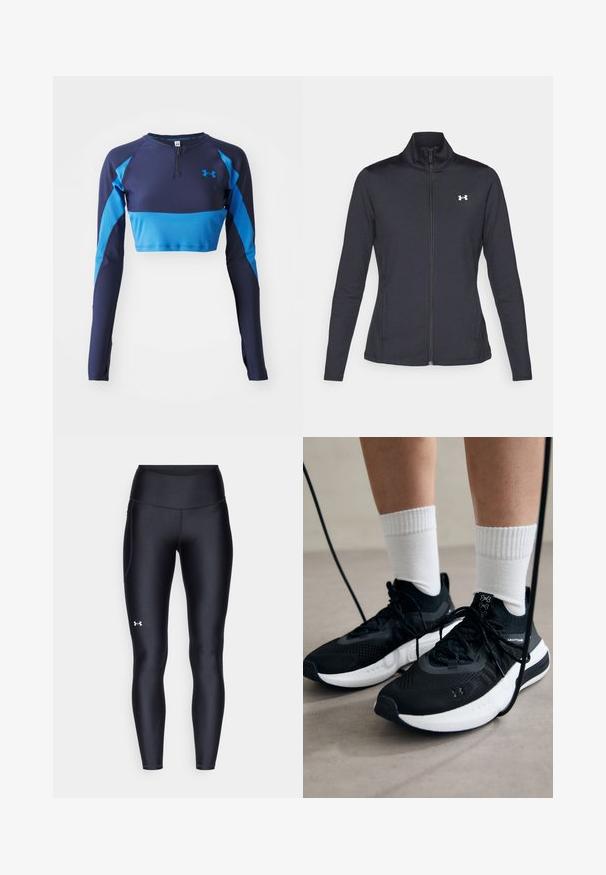 Black athletic jacket made of smooth, stretchy fabric with a high collar and full zipper, featuring a small white logo on the upper left side.; Navy and blue long-sleeve athletic top with a half-zip collar, ribbed texture, and contrasting side panels. Under Armour logo on chest.; Black leggings made of smooth, stretchy material with a high waistband. Features a white logo on the left thigh and fitted design.; Black athletic shoes with textured fabric, white sole, and black laces. Worn with white ribbed socks, standing on a light surface.