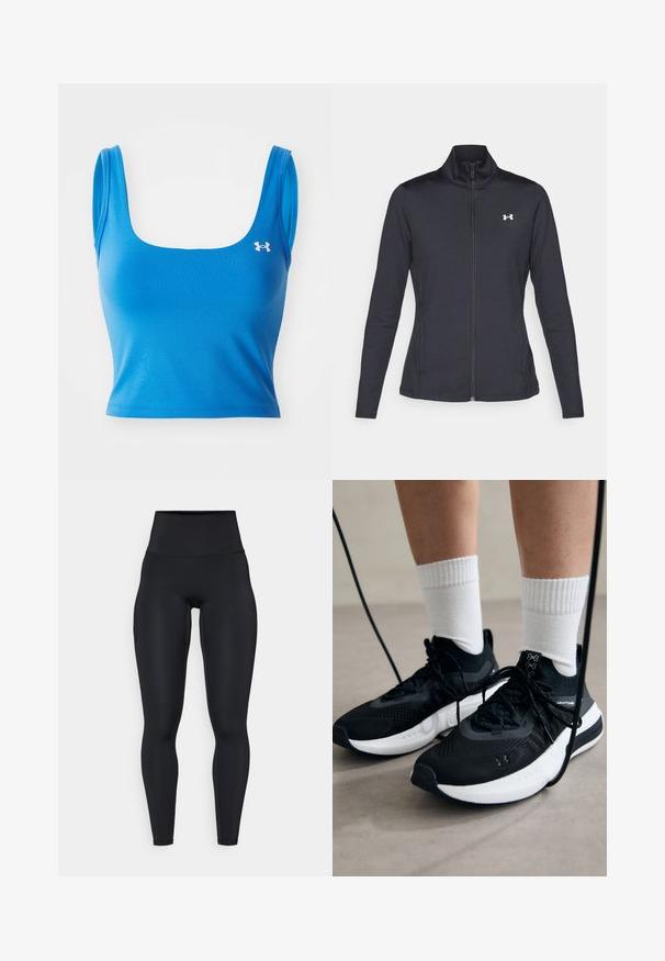 Fekete sportos dzseki sima, rugalmas anyagból, magas gallérral és teljes cipzárral, az elülső bal oldalon egy kis fehér logóval.; Kék sportos crop top négyzet alakú nyakkivágással és vékony pántokkal. Simább, rugalmas anyagból készült. Bal oldalon logóval ellátva.; Fekete, magas derékú leggings rugalmas anyagból, sima felülettel, testhezálló fazonnal és oldalsó zsebekkel.; Fekete sportcipők textúrált anyagból, fehér talppal és fekete fűzőkkel. Fehér bordázott zoknikkal viselve, világos felületen állva.