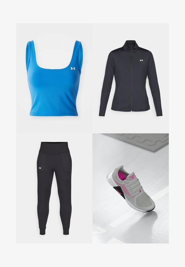 Chaqueta deportiva negra hecha de una tela suave y elástica, con cuello alto y cremallera completa, que presenta un pequeño logo blanco en la parte superior izquierda.; Top deportivo azul de corte cropped con escote cuadrado y tirantes finos. Fabricado con un material suave y elástico. Presenta un logo en el lado izquierdo.; Leggings deportivos negros hechos de material elástico, con una cintura alta, bolsillos laterales y puños ajustados en el tobillo.; Zapatilla deportiva Reebok en gris y rosa con parte superior de malla y suela detallada, exhibida sobre una superficie blanca reflexiva.