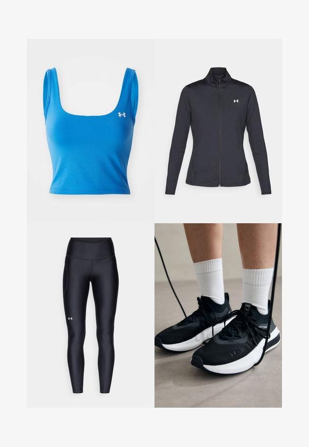 Svart treningsjakke laget av glatt, elastisk stoff med høy krage og hel glidelås, med en liten hvit logo på øvre venstre side.; Blå idretts crop-top med firkantet utringning og tynne stropper. Laget av et glattere, elastisk materiale. Har logo på venstre side.; Sorte leggings laget av glatt, elastisk materiale med høy midje. Har en hvit logo på venstre lår og en tettsittende design.; Svarte treningssko med teksturert stoff, hvit såle og svarte snøringer. Brukt med hvite ribbestrikkede sokker, stående på en lys overflate.