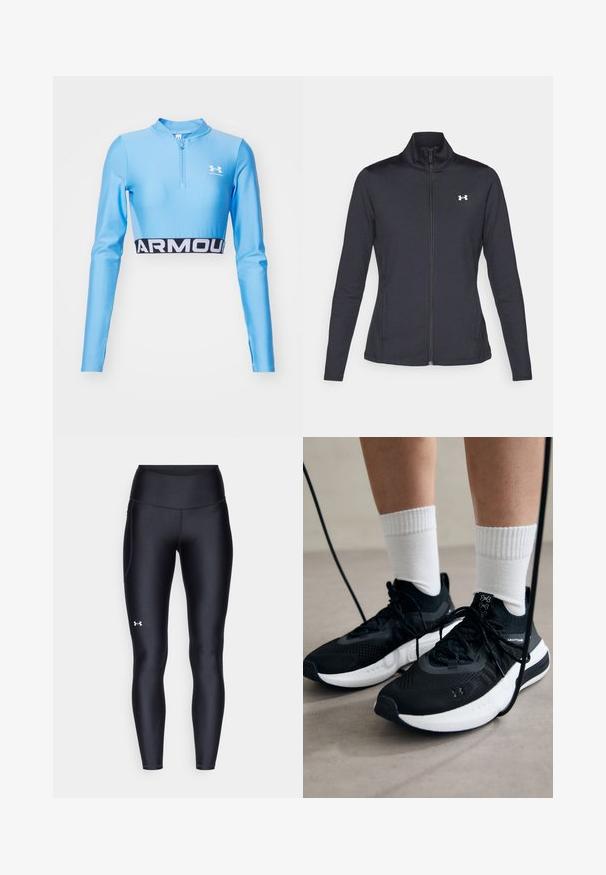 Fekete sportos dzseki sima, rugalmas anyagból, magas gallérral és teljes cipzárral, az elülső bal oldalon egy kis fehér logóval.; Kék, hosszú ujjú sportos cropped top félig cipzáras nyakkal. A hemnél található egy fekete szalag, amelyen fehér betűkkel "ARMOUR" felirat olvasható. Rugalmas anyagból készült.; Fekete leggings sima, rugalmas anyagból, magas derékkal. Bal combján fehér logó található, és testhezálló kialakítású.; Fekete sportcipők textúrált anyagból, fehér talppal és fekete fűzőkkel. Fehér bordázott zoknikkal viselve, világos felületen állva.