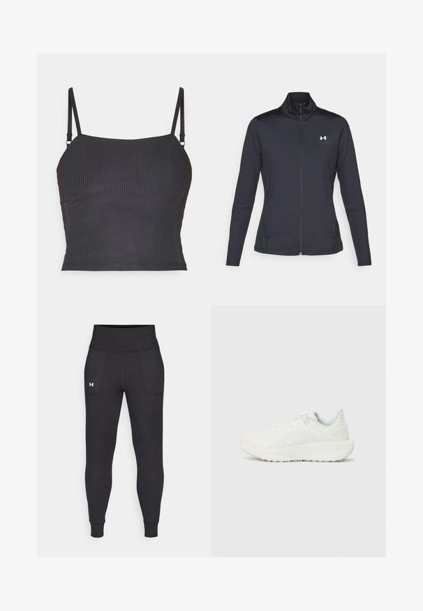 Juodas sportinis švarkas, pagamintas iš lygios, elastingos medžiagos, su aukštu apykakle ir pilnu užtrauktuku, su maža balta logo kairiajame viršutiniame kampe.; Juoda briaunuota kamšelis su plonomis reguliuojamomis petnešomis ir prigludusia forma, pasižymintis glotnia tekstūra ir tiesiu iškirpimu.; Juodos sportinės leginsai, pagaminti iš tamprių medžiagų, su aukštu juosmeniu, šoninėmis kišenėmis ir priglundančiomis blauzdų manžetėmis.; Balti sportiniai bateliai su tekstūruota viršutine dalimi, paminkštintu apykaklėmis ir šnorelių uždarymu. Turi kreivą pado kontūrą ir subtilų ženklinimą šone.