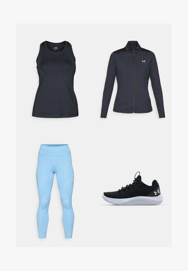 Svart treningsjakke laget av glatt, elastisk stoff med høy krage og hel glidelås, med en liten hvit logo på øvre venstre side.; Svart treningssinglet med en tettsittende design, ermeløs snitt, rund halslinje og myk, jevn tekstur. Har subtile sømdetaljer.; Lys blå leggings laget av elastisk stoff. Har høy midje, jevn tekstur og buede sømmer langs beina.; Sorte atletiske sko med en pustende mesh-overdel, teksturert detailing og en hvit gummisåle. Har flate snører og en pull-tab på hælen.