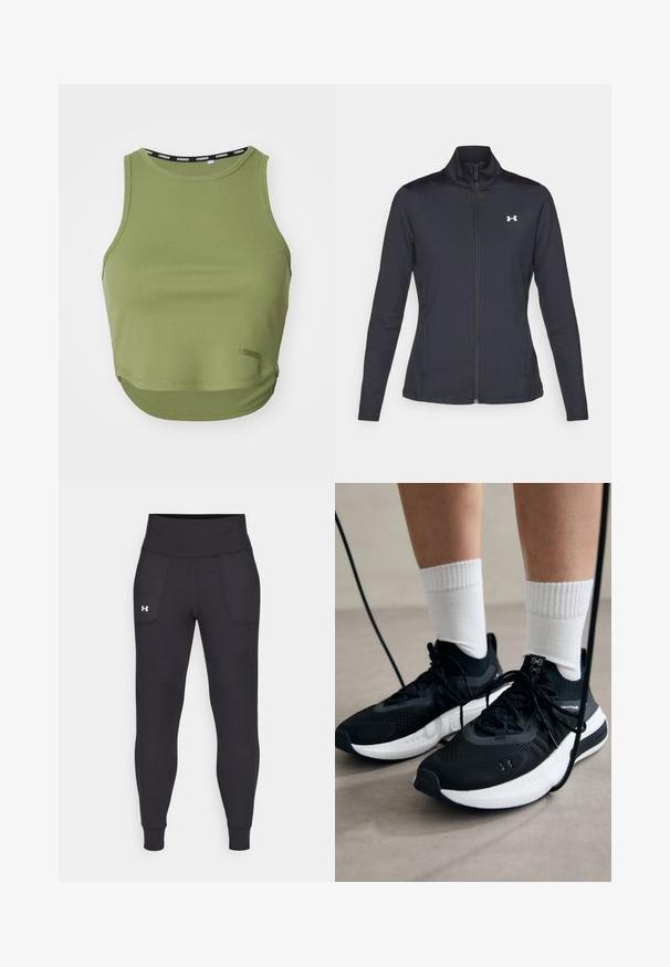 Casaco atlético preto feito de um tecido liso e elástico, com gola alta e zíper completo, apresentando um pequeno logótipo branco no canto superior esquerdo.; Stronger Top - loden green; Leggings atléticos pretos, feitos de material elástico, com uma cintura alta, bolsos laterais e punhos ajustados no tornozelo.; Sapatilhas desportivas pretas com tecido texturizado, sola branca e atacadores pretos. Usadas com meias brancas caneladas, a pé sobre uma superfície clara.