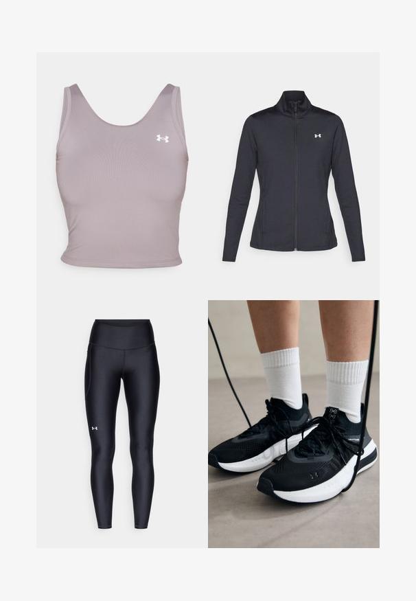 Casaco atlético preto feito de um tecido liso e elástico, com gola alta e zíper completo, apresentando um pequeno logótipo branco no canto superior esquerdo.; Top atlético lilás sem mangas com decote redondo, feito de um tecido suave, apresentando um pequeno logótipo branco no lado superior esquerdo.; Leggings pretos feitos de material liso e elástico, com uma cintura alta. Apresentam um logotipo branco na coxa esquerda e um design ajustado.; Sapatilhas desportivas pretas com tecido texturizado, sola branca e atacadores pretos. Usadas com meias brancas caneladas, a pé sobre uma superfície clara.