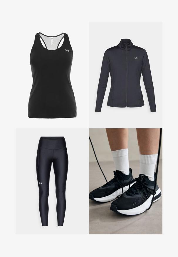 Črna atletska jakna iz gladkega, raztegljivega blaga z visokim ovratnikom in polnim zadrgo, ki ima majhen bel logotip na zgornji levi strani.; Under Armour TECH RACER - Top - schwarz/silber; Črne pajkice iz gladkega, elastičnega materiala z visokim pasom. Imajo bel logotip na levem stegnu in oprijet kroj.; Črne športne čevlje z strukturirano tkanino, belo podplatom in črnimi vezalkami. Nosi se z belimi rebrastimi nogavicami, stoje na svetli površini.