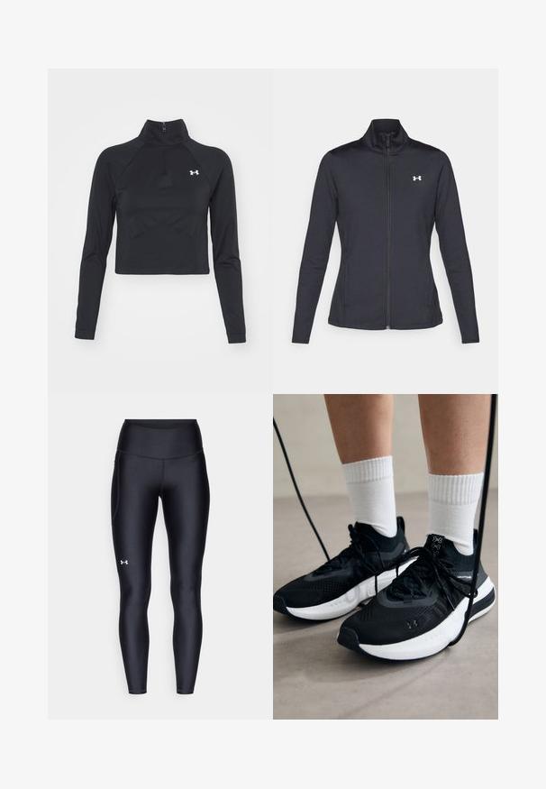 Svart treningsjakke laget av glatt, elastisk stoff med høy krage og hel glidelås, med en liten hvit logo på øvre venstre side.; Under Armour VANISH SEAMLESS 1/4 ZIP CROP - Topper langermet - black/white; Sorte leggings laget av glatt, elastisk materiale med høy midje. Har en hvit logo på venstre lår og en tettsittende design.; Svarte treningssko med teksturert stoff, hvit såle og svarte snøringer. Brukt med hvite ribbestrikkede sokker, stående på en lys overflate.