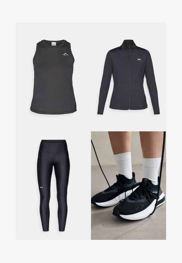 Schwarze Sportjacke aus glattem, dehnbarem Stoff mit hohem Kragen und durchgehendem Reißverschluss, ausgestattet mit einem kleinen weißen Logo auf der oberen linken Seite.; Schwarzes, sportliches Trägershirt mit rundem Ausschnitt, das ein kleines blaues Logo auf der Brust und einen glatten, leichten Stoff aufweist.; Schwarze Leggings aus glattem, elastischem Material mit einem hohen Bund. Mit einem weißen Logo auf dem linken Oberschenkel und tailliertem Design.; Schwarze Sportschuhe aus strukturiertem Stoff, mit weißer Sohle und schwarzen Schnürsenkeln. Tragen mit weißen gerippten Socken, stehen auf einer hellen Fläche.