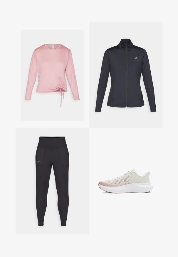 Sort atletisk jakke lavet af glat, strækbart stof med høj krave og fuld lynlås, der har et lille hvidt logo på den øverste venstre side.; Langærmet lyserød top lavet af blød stof, med en samlet detalje ved taljen med justerbare bånd og rund halsudskæring.; Sorte atletiske leggings lavet af strækbart materiale, med høj talje, sidelommer og tætsiddende manchetter ved anklerne.; Letvægts atletiske sko med en åndbar hvid mesh-overdel, gradient pink accenter og en tyk hvid sål med strukturerede detaljer.