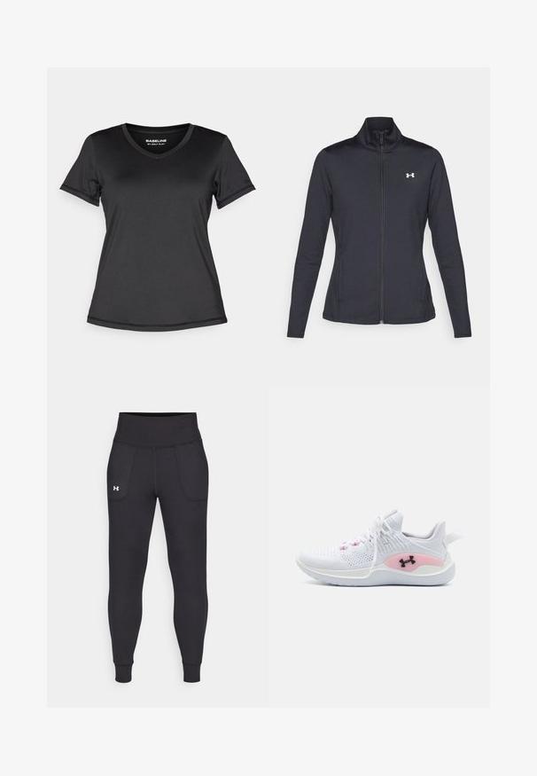 Sort atletisk jakke lavet af glat, strækbart stof med høj krave og fuld lynlås, der har et lille hvidt logo på den øverste venstre side.; Sort kortærmet v-hals t-shirt lavet af glat, let materiale. Har stikninger i kanten og et logo på ærmet. Simplet design.; Sorte atletiske leggings lavet af strækbart materiale, med høj talje, sidelommer og tætsiddende manchetter ved anklerne.; Hvid atletisk sneaker med pink aksent og sort Under Armour-logo, strikket overdel og hvid sål vist fra venstre side.