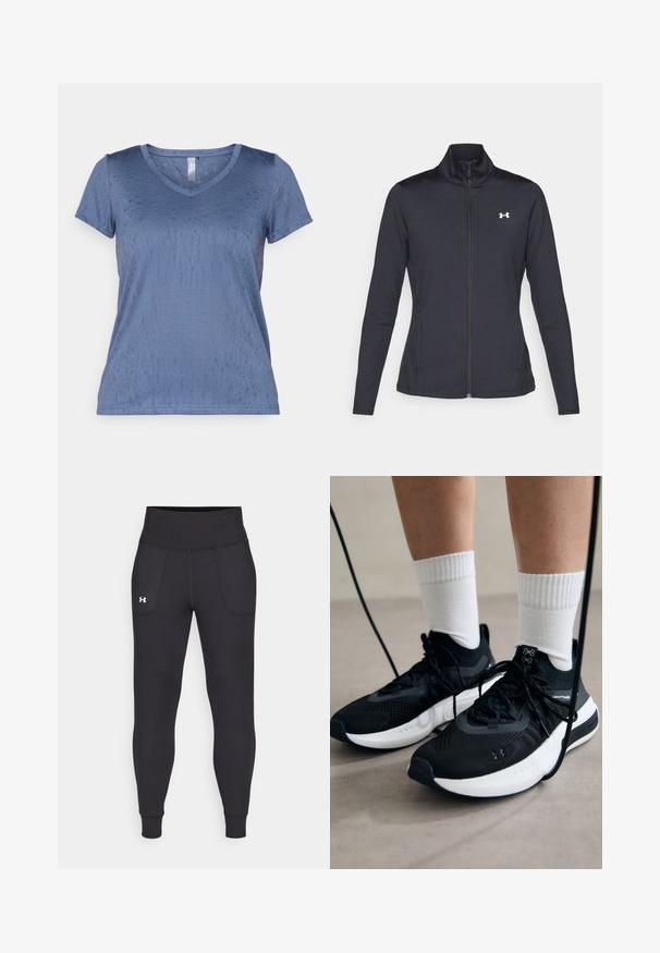 Černá sportovní bunda vyrobená z hladké a elastické textilie, s vysokým límcem a plným zipem, která má malé bílé logo na levé horní části.; Modré tričko s V-výstřihem vyrobené z hladké, texturované tkaniny s krátkými rukávy a jemným vzorem. Má rovný lem a lehký design.; Černé sportovní legíny vyrobené z elastického materiálu, s vysokým pasem, bočními kapsami a úzkými manžetami na kotnících.; Černé sportovní boty s texturovanou tkaninou, bílou podrážkou a černými tkaničkami. Nosené s bílými žebrovanými ponožkami, stojící na světlém povrchu.