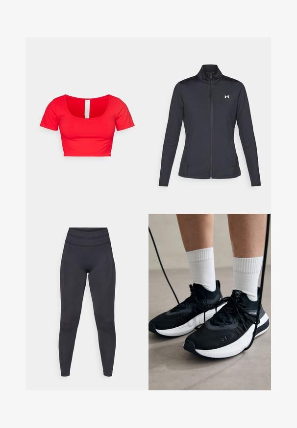Čierna športová bunda vyrobená z hladkého, elastického materiálu s vysokým golierom a plným zipsom, s malým bielym logom na hornej ľavej strane.; Červené skrátené tričko s krátkymi rukávmi, s okrúhlym výstrihom a hladkým, elastickým materiálom. Jednoduchý dizajn bez vzorov či ozdobných prvkov.; Čierne legíny s vysokým elastickým pásom s textom "UNDER ARMOUR". Hladká textúra s jemnými vzorovanými akcentmi pozdĺž nôh.; Čierne športové topánky s textúrovanou tkaninou, bielou podrážkou a čiernymi šnúrkami. Nosené s bielymi rebrovanými ponožkami, postavené na svetlom povrchu.