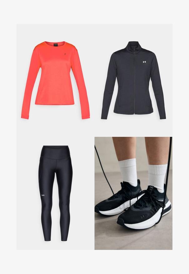 Crna atletska jakna napravljena od glatkog, rastezljivog materijala s visokim kragnom i punim patentnim zatvaračem, s malim bijelim logotipom na gornjoj lijevoj strani.; Majica dugih rukava za sport u svijetloj koraljnoj boji, teksturirani materijal, okrugli izrez, s malim crnim logotipom na prsima, prilagođen kroj.; Crne tajice izrađene od glatkog, rastezljivog materijala s visokim strukom. Imaju bijeli logo na lijevom butu i prilagođen dizajn.; Crne atletske cipele s teksturiranim materijalom, bijelim potplatima i crnim vezicama. Nosene s bijelim rebrastim čarapama, stojeći na svijetloj površini.