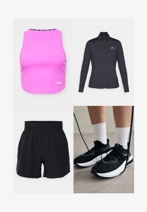 Črna atletska jakna iz gladkega, raztegljivega blaga z visokim ovratnikom in polnim zadrgo, ki ima majhen bel logotip na zgornji levi strani.; Stronger Top - magenta; Črne atletske kratke hlače z elastičnim pasom, gladkim materialom in ohlapnim krojem. Kratke hlače imajo stranske žepe in dolžino do sredine stegen.; Črne športne čevlje z strukturirano tkanino, belo podplatom in črnimi vezalkami. Nosi se z belimi rebrastimi nogavicami, stoje na svetli površini.