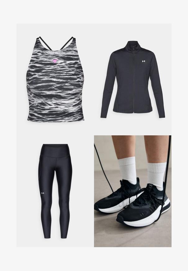 Svart treningsjakke laget av glatt, elastisk stoff med høy krage og hel glidelås, med en liten hvit logo på øvre venstre side.; Under Armour LETS GO - Topper - black/vivid magenta; Sorte leggings laget av glatt, elastisk materiale med høy midje. Har en hvit logo på venstre lår og en tettsittende design.; Svarte treningssko med teksturert stoff, hvit såle og svarte snøringer. Brukt med hvite ribbestrikkede sokker, stående på en lys overflate.