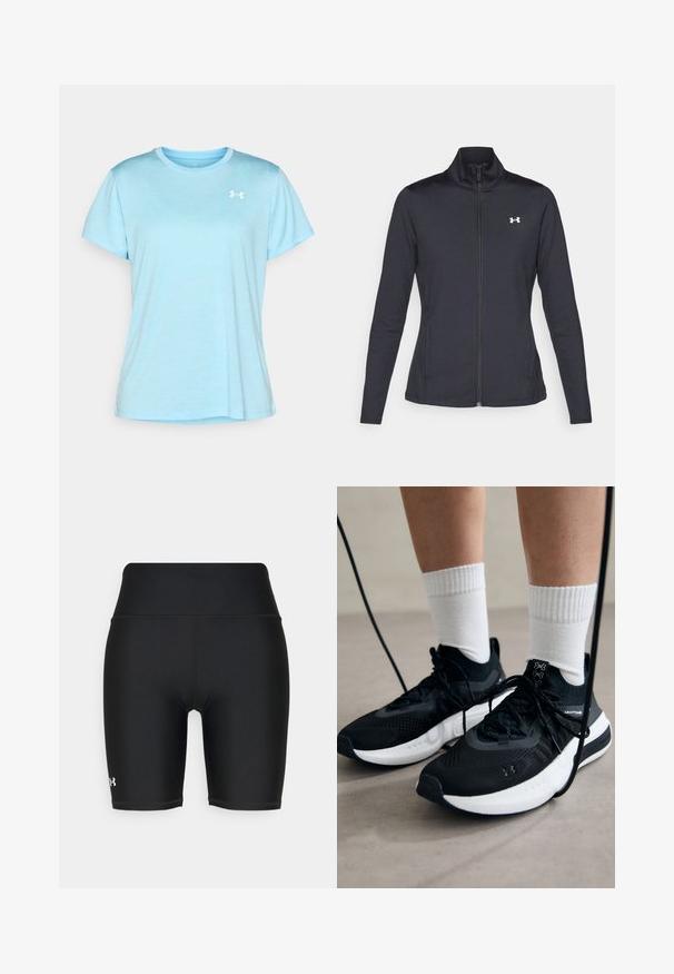 Czarna sportowa kurtka z gładkiego, elastycznego materiału, z wysokim kołnierzem i pełnym zamkiem, z małym białym logo na górnej lewej stronie.; Jasnoniebieska koszulka z krótkim rękawem wykonana z miękkiego materiału, z okrągłym dekoltem i małym białym logo po lewej stronie klatki piersiowej.; Czarne spodenki sportowe z wysokim pasem, wykonane z materiału elastycznego. Posiadają płaskie szwy oraz małe logo na dolnej lewej stronie.; Czarne buty sportowe z teksturowanym materiałem, białą podeszwą i czarnymi sznurowadłami. Nosi je osoba w białych skarpetkach w prążki, stojąca na jasnej powierzchni.