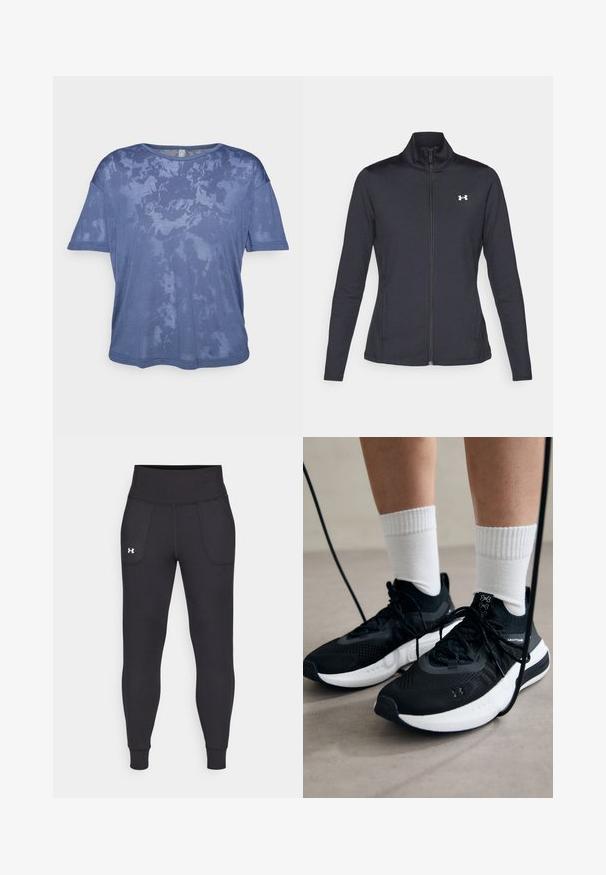 Černá sportovní bunda vyrobená z hladké a elastické textilie, s vysokým límcem a plným zipem, která má malé bílé logo na levé horní části.; Modré tričko s krátkým rukávem vyrobené z měkkého, lehkého materiálu, které má jemný mramorový vzor a kulatý výstřih.; Černé sportovní legíny vyrobené z elastického materiálu, s vysokým pasem, bočními kapsami a úzkými manžetami na kotnících.; Černé sportovní boty s texturovanou tkaninou, bílou podrážkou a černými tkaničkami. Nosené s bílými žebrovanými ponožkami, stojící na světlém povrchu.