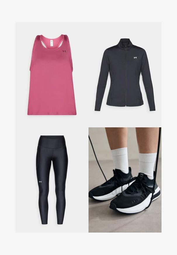 Giacca sportiva nera realizzata in tessuto morbido ed elasticizzato, con colletto alto e zip completa, caratterizzata da un piccolo logo bianco sul lato sinistro superiore.; Top sportivo senza maniche rosa con una trama liscia, caratterizzato da un colletto rotondo, design racerback e logo del marchio sulla parte anteriore sinistra.; Leggings neri realizzati in materiale morbido e stretch con vita alta. Presentano un logo bianco sulla coscia sinistra e un design aderente.; Scarpe sportive nere con tessuto testurizzato, suola bianca e lacci neri. Indossate con calzini bianchi a costine, in piedi su una superficie chiara.