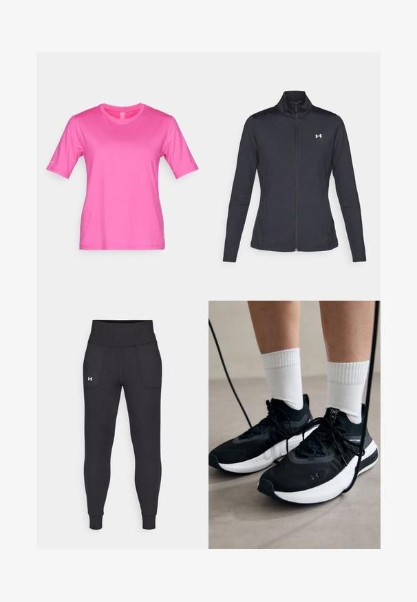 Czarna sportowa kurtka z gładkiego, elastycznego materiału, z wysokim kołnierzem i pełnym zamkiem, z małym białym logo na górnej lewej stronie.; Fuksjowa koszulka z krótkim rękawem o okrągłym dekolcie, wykonana z gładkiego materiału. Posiada logo na lewym rękawie.; Czarne legginsy sportowe wykonane z elastycznego materiału, z wysokim stanem, bocznymi kieszeniami i dopasowanymi mankietami przy kostkach.; Czarne buty sportowe z teksturowanym materiałem, białą podeszwą i czarnymi sznurowadłami. Nosi je osoba w białych skarpetkach w prążki, stojąca na jasnej powierzchni.