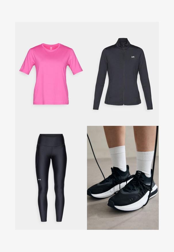Čierna športová bunda vyrobená z hladkého, elastického materiálu s vysokým golierom a plným zipsom, s malým bielym logom na hornej ľavej strane.; Fuchsiové krátke tričko s krátkym rukávom a okrúhlym výstrihom, vyrobené z hladkej tkaniny. Na ľavom rukáve sa nachádza logo.; Čierne legíny vyrobené z hladkého, elastického materiálu s vysokým pásom. Obsahujú biele logo na ľavom stehne a sú strihané na telo.; Čierne športové topánky s textúrovanou tkaninou, bielou podrážkou a čiernymi šnúrkami. Nosené s bielymi rebrovanými ponožkami, postavené na svetlom povrchu.