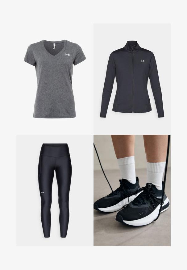 Schwarze Sportjacke aus glattem, dehnbarem Stoff mit hohem Kragen und durchgehendem Reißverschluss, ausgestattet mit einem kleinen weißen Logo auf der oberen linken Seite.; Under Armour TECH SOLID - T-Shirt basic - grey; Schwarze Leggings aus glattem, elastischem Material mit einem hohen Bund. Mit einem weißen Logo auf dem linken Oberschenkel und tailliertem Design.; Schwarze Sportschuhe aus strukturiertem Stoff, mit weißer Sohle und schwarzen Schnürsenkeln. Tragen mit weißen gerippten Socken, stehen auf einer hellen Fläche.