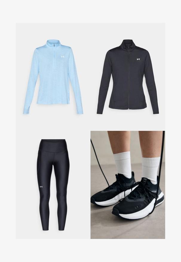 Black athletic jacket made of smooth, stretchy fabric with a high collar and full zipper, featuring a small white logo on the upper left side.; Under Armour TECH TWIST - Long sleeved top - horizon blue/white; Black leggings made of smooth, stretchy material with a high waistband. Features a white logo on the left thigh and fitted design.; Black athletic shoes with textured fabric, white sole, and black laces. Worn with white ribbed socks, standing on a light surface.