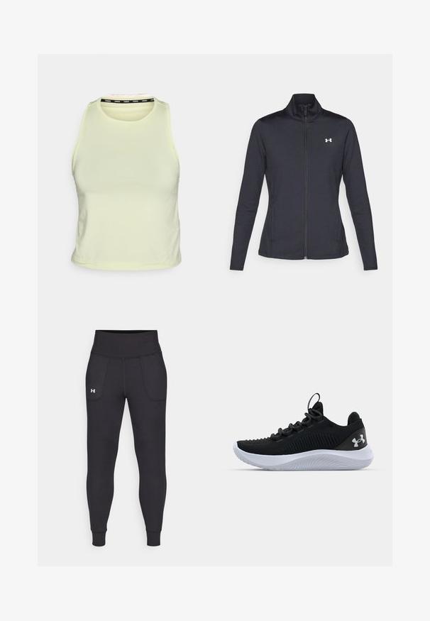 Chaqueta deportiva negra hecha de una tela suave y elástica, con cuello alto y cremallera completa, que presenta un pequeño logo blanco en la parte superior izquierda.; Top corto sin mangas de color amarillo claro, hecho de un material suave. Presenta un cuello redondo y un acento de marca negro en el cuello interno.; Leggings deportivos negros hechos de material elástico, con una cintura alta, bolsillos laterales y puños ajustados en el tobillo.; Zapatillas deportivas negras con una parte superior de malla transpirable, detalles texturizados y una suela de goma blanca. Presentan cordones planos y una lengüeta en el talón.