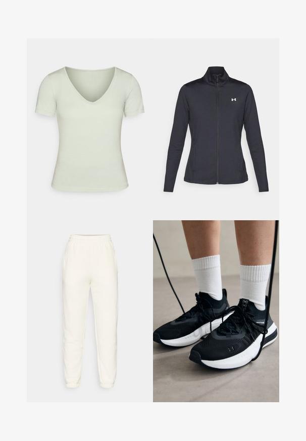 Čierna športová bunda vyrobená z hladkého, elastického materiálu s vysokým golierom a plným zipsom, s malým bielym logom na hornej ľavej strane.; Svetlozelené tričko s V-krkom, krátkymi rukávmi, priliehavého strihu, hladkej textúry a minimálnymi švovými detailmi. Mäkka, neformálny štýl.; Krémové jogger nohavice vyrobené z jemnej látky, s elastickým pásom, bočnými vreckami a elastickými manžetami pri členkoch pre zúžený strih.; Čierne športové topánky s textúrovanou tkaninou, bielou podrážkou a čiernymi šnúrkami. Nosené s bielymi rebrovanými ponožkami, postavené na svetlom povrchu.