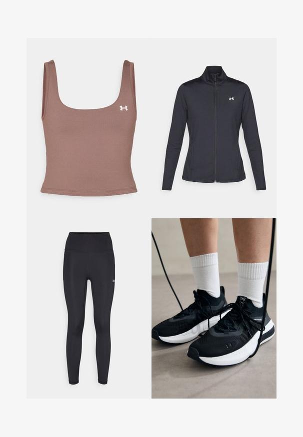 Črna atletska jakna iz gladkega, raztegljivega blaga z visokim ovratnikom in polnim zadrgo, ki ima majhen bel logotip na zgornji levi strani.; Rjav skrajšan top s kvadratnim izrezom, izdelan iz gladkega, elastičnega materiala. Ima majhen bel logotip na levi strani.; Črne visoko pasne legice, izdelane iz gladkega, raztegljivega materiala. Imajo ravne šive in majhen logotip na spodnjem desnem nogavici.; Črne športne čevlje z strukturirano tkanino, belo podplatom in črnimi vezalkami. Nosi se z belimi rebrastimi nogavicami, stoje na svetli površini.
