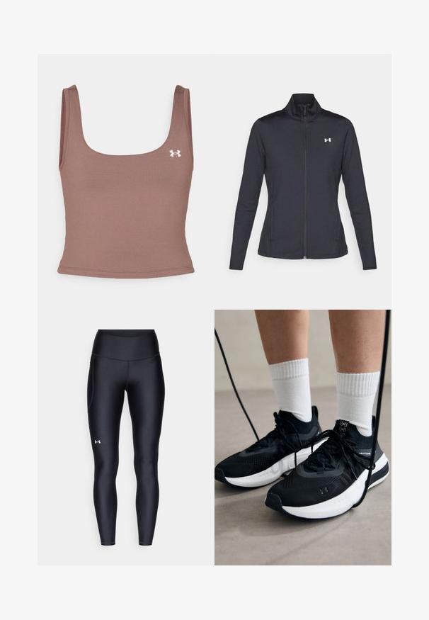 Black athletic jacket made of smooth, stretchy fabric with a high collar and full zipper, featuring a small white logo on the upper left side.; Brown cropped tank top with a square neckline, made from a smooth, stretchy fabric. Features a small white logo on the left side.; Black leggings made of smooth, stretchy material with a high waistband. Features a white logo on the left thigh and fitted design.; Black athletic shoes with textured fabric, white sole, and black laces. Worn with white ribbed socks, standing on a light surface.