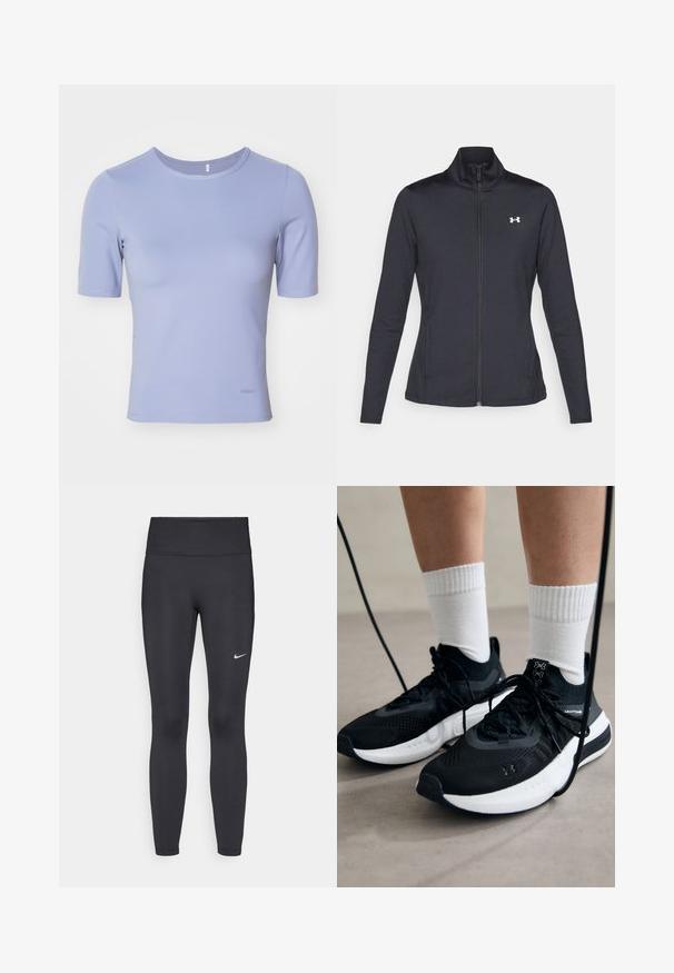 Giacca sportiva nera realizzata in tessuto morbido ed elasticizzato, con colletto alto e zip completa, caratterizzata da un piccolo logo bianco sul lato sinistro superiore.; T-shirt aderente a maniche corte in tessuto lavanda chiaro. Texture liscia con scollatura rotonda e branding discreto all'orlo.; Leggings neri realizzati in tessuto elasticizzato, con una vita alta e un logo Nike bianco sulla coscia sinistra. Tessuto liscio, design aderente.; Scarpe sportive nere con tessuto testurizzato, suola bianca e lacci neri. Indossate con calzini bianchi a costine, in piedi su una superficie chiara.