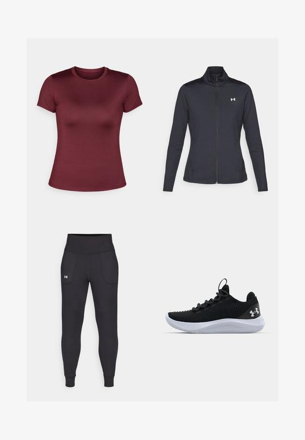 Czarna sportowa kurtka z gładkiego, elastycznego materiału, z wysokim kołnierzem i pełnym zamkiem, z małym białym logo na górnej lewej stronie.; Burgundowa koszulka z krótkim rękawem, okrągły dekolt, gładki materiał, dopasowany fason, minimalistyczny design, bez wzorów i akcentów.; Czarne legginsy sportowe wykonane z elastycznego materiału, z wysokim stanem, bocznymi kieszeniami i dopasowanymi mankietami przy kostkach.; Czarne buty sportowe z przewiewną siateczką na górze, teksturowanymi detalami i białą gumową podeszwą. Posiadają płaskie sznurówki i uchwyt na pięcie.