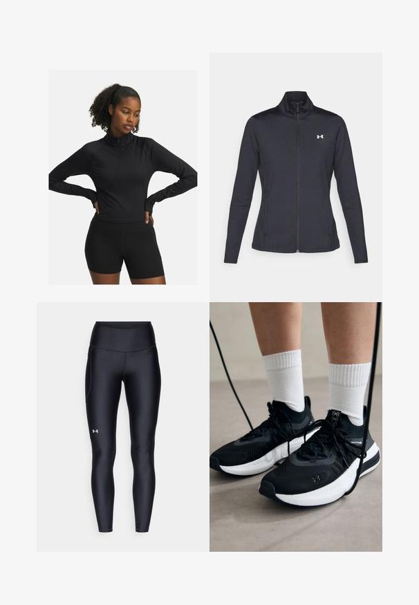 Čierna športová bunda vyrobená z hladkého, elastického materiálu s vysokým golierom a plným zipsom, s malým bielym logom na hornej ľavej strane.; Čierne atletické tričko s dlhým rukávom a polozipsovým golierom, skombinované s čiernymi šortkami. Vyznačuje sa elastickou, hladkou látkou a priliehavým strihom.; Čierne legíny vyrobené z hladkého, elastického materiálu s vysokým pásom. Obsahujú biele logo na ľavom stehne a sú strihané na telo.; Čierne športové topánky s textúrovanou tkaninou, bielou podrážkou a čiernymi šnúrkami. Nosené s bielymi rebrovanými ponožkami, postavené na svetlom povrchu.