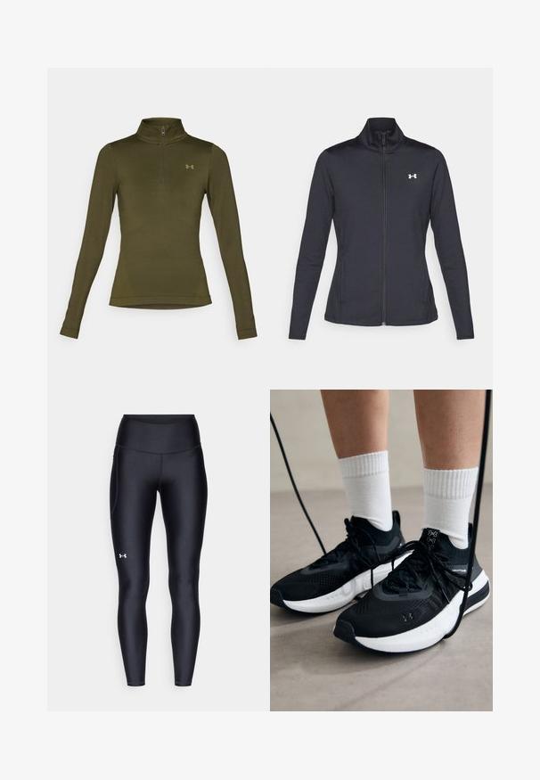 Casaco atlético preto feito de um tecido liso e elástico, com gola alta e zíper completo, apresentando um pequeno logótipo branco no canto superior esquerdo.; Under Armour VANISH SEAMLESS 1/4 ZIP - Camisola de manga comprida - expedition green/canteen green; Leggings pretos feitos de material liso e elástico, com uma cintura alta. Apresentam um logotipo branco na coxa esquerda e um design ajustado.; Sapatilhas desportivas pretas com tecido texturizado, sola branca e atacadores pretos. Usadas com meias brancas caneladas, a pé sobre uma superfície clara.