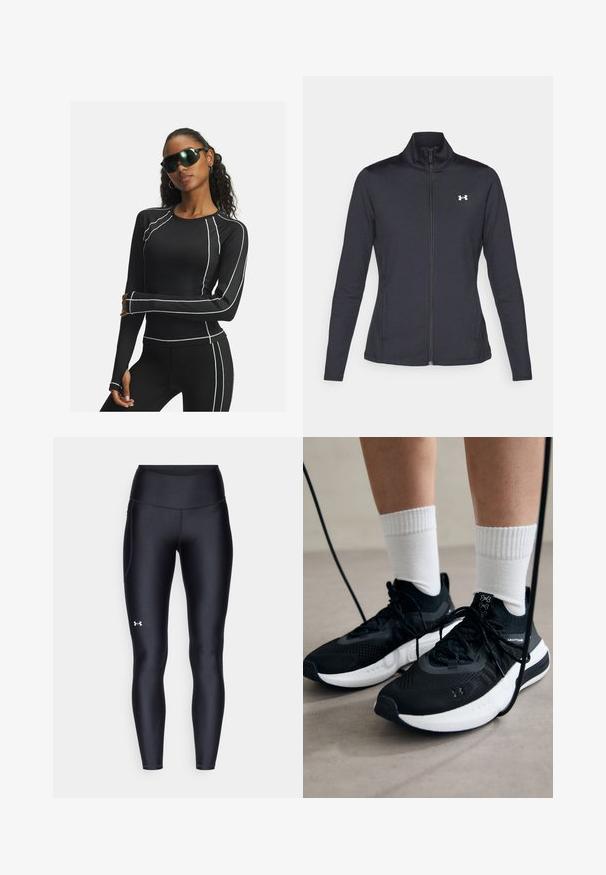 Schwarze Sportjacke aus glattem, dehnbarem Stoff mit hohem Kragen und durchgehendem Reißverschluss, ausgestattet mit einem kleinen weißen Logo auf der oberen linken Seite.; Schwarzes langärmliges Sportoberteil mit weißen Akzentnähten und Mesh-Einsätzen, kombiniert mit schwarzen Leggings und futuristischen schwarzen Sonnenbrillen.; Schwarze Leggings aus glattem, elastischem Material mit einem hohen Bund. Mit einem weißen Logo auf dem linken Oberschenkel und tailliertem Design.; Schwarze Sportschuhe aus strukturiertem Stoff, mit weißer Sohle und schwarzen Schnürsenkeln. Tragen mit weißen gerippten Socken, stehen auf einer hellen Fläche.