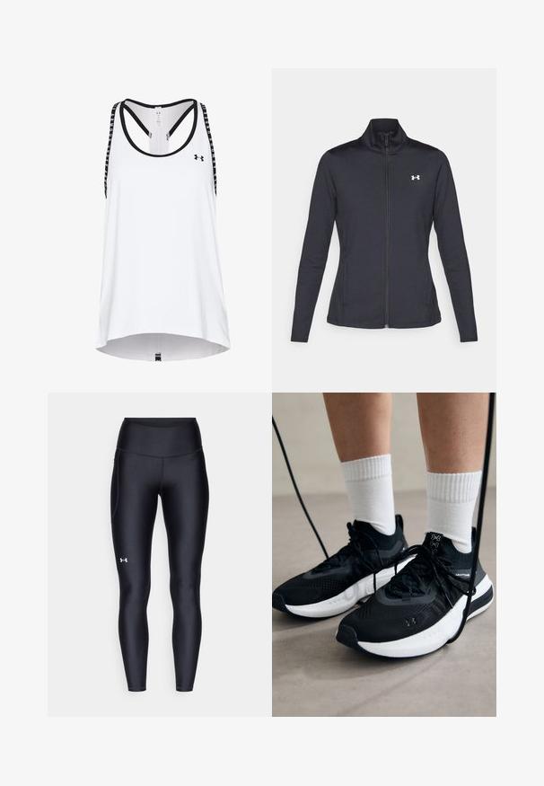 Chaqueta deportiva negra hecha de una tela suave y elástica, con cuello alto y cremallera completa, que presenta un pequeño logo blanco en la parte superior izquierda.; Camiseta sin mangas deportiva blanca con acentos negros, con diseño de espalda nadadora y tirantes de marca, hecha de tejido que absorbe la humedad.; Leggings negros hechos de un material suave y elástico con una cintura alta. Presentan un logo blanco en el muslo izquierdo y un diseño ajustado.; Zapatillas deportivas negras con tela texturizada, suela blanca y cordones negros. Llevadas con calcetines blancos de canalé, de pie sobre una superficie clara.