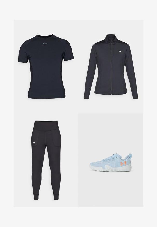 Svart treningsjakke laget av glatt, elastisk stoff med høy krage og hel glidelås, med en liten hvit logo på øvre venstre side.; ICANIWILL MIRAGE - T-shirts - black; Svarte sportsleggings laget av elastisk materiale, med høy midje, sidelommer og tettsittende mansjetter ved ankelen.; Lyseblå sportsko laget av mesh-materiale med en teksturert såle, med en oransje logo og snøring.