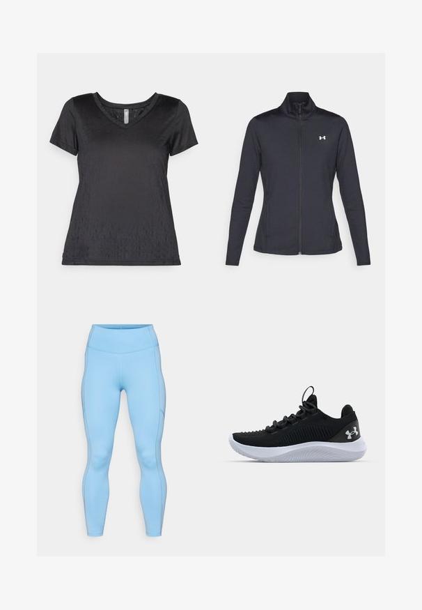 Melnās sporta jakas izgatavotas no gludas, elastīgas auduma ar augstu apkakli un pilnu rāvējslēdzēju, ar nelielu baltu logo augšējā kreisajā pusē.; Melna īsām piedurknēm T-kreklu ar V veida kakla izgriezumu, izgatavots no gludas auduma ar smalku rakstu un brīvu piegriezumu. Bezšuvju maliņas un minimālisma dizains.; Gaiši zili legingi, kas izgatavoti no elastīga auduma. Rūpīgi veidota augstas vids josta, gluda tekstūra un noapaļoti šuvi gar kājām.; Melnas sporta kurpes ar elpojošu acs augšdaļu, teksturētu detaļu un baltu gumijas zoli. Aprīkotas ar plakanām šņorēm un papēža cilpu.