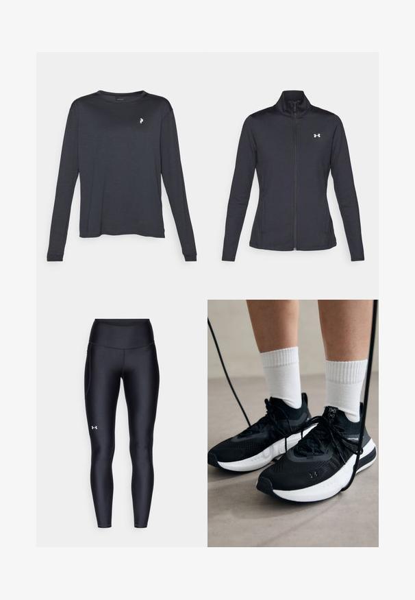 Melnās sporta jakas izgatavotas no gludas, elastīgas auduma ar augstu apkakli un pilnu rāvējslēdzēju, ar nelielu baltu logo augšējā kreisajā pusē.; Tumša, garām piedurknēm T-kreklā, izgatavota no strukturēta auduma, ar apaļu kakla izgriezumu un mazu baltu logotipu kreisajā krūšu daļā.; Melnas leginses, kas izgatavotas no gluda, elastīga materiāla ar augstām jostām. Ir balta logo kreisajā augšstilbā un pieguļoša piegriezuma dizains.; Melni sporta apavi ar strukturētu audumu, balta zole un melni šņores. Valkāti ar baltām ribotām zeķēm, stāvot uz gaišas virsmas.