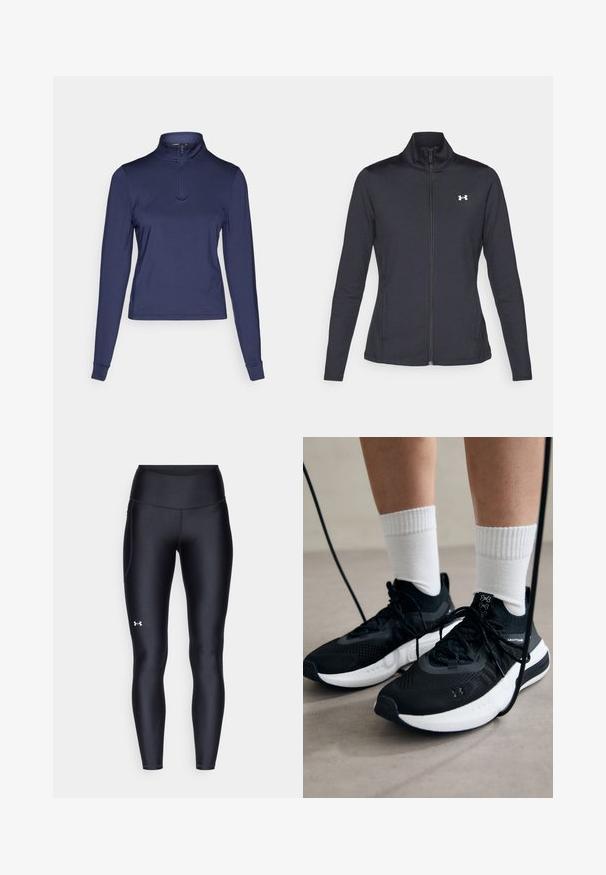 Crna atletska jakna napravljena od glatkog, rastezljivog materijala s visokim kragnom i punim patentnim zatvaračem, s malim bijelim logotipom na gornjoj lijevoj strani.; Morska bluza dugih rukava s četvrtastim patentnim zatvaračem, izrađena od glatkog, rastezljivog materijala; ima visoki ovratnik i prilagođene manžete. Jednostavan dizajn s klasičnom siluetom.; Crne tajice izrađene od glatkog, rastezljivog materijala s visokim strukom. Imaju bijeli logo na lijevom butu i prilagođen dizajn.; Crne atletske cipele s teksturiranim materijalom, bijelim potplatima i crnim vezicama. Nosene s bijelim rebrastim čarapama, stojeći na svijetloj površini.